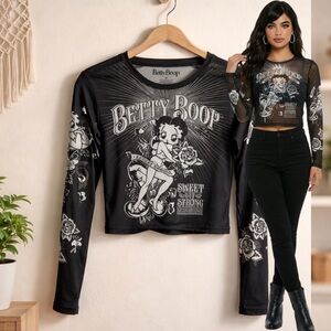 🛍️ BETTY BOOP feisty and bold sheer long sleeve cropped top size MEDIUM